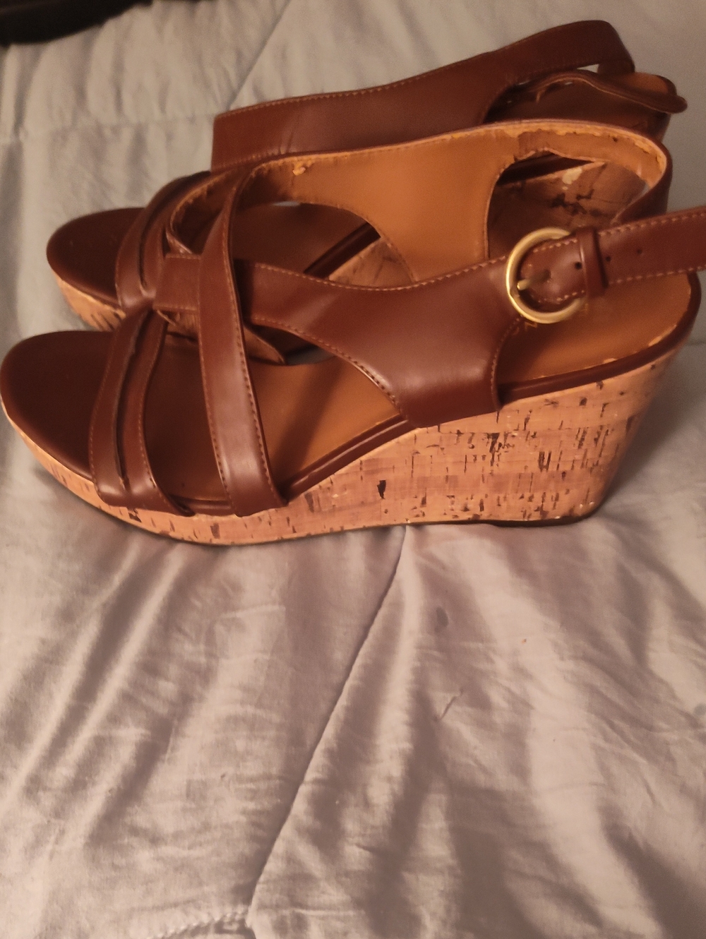 Franco Sarto Brown Leather Cork Wedge Sandals